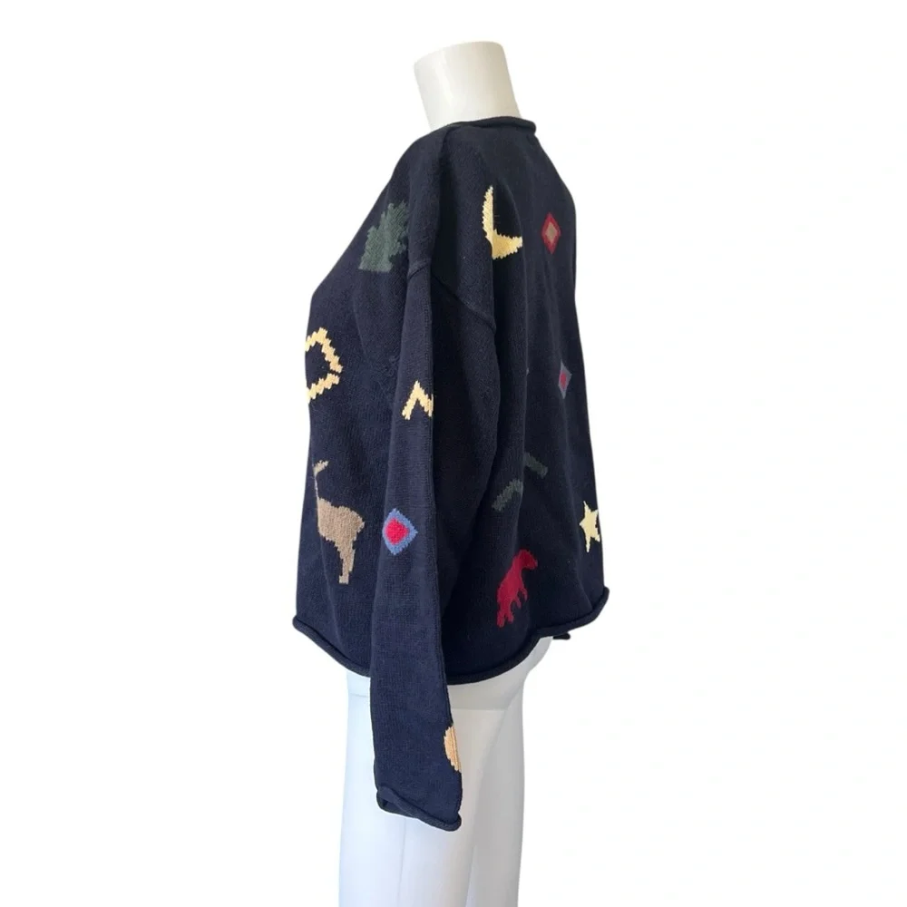 Vintage Y2K Knit Sweater Navy Blue Moose Moon Outdoor Womens Size Large L - Picture 3 of 10